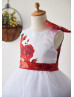 White Printed Satin Tulle Knee Length Romantic Flower Girl Dress